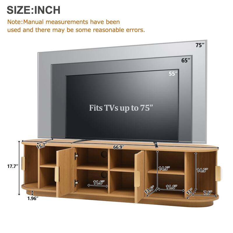 Roomfitters Farmhouse TV Stand, Fluted Wooden Media Console with Sliding Tambour Doors, Adjustable Storage, for TVs up to 75"