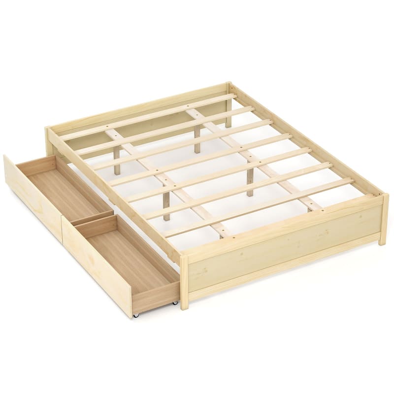 Full Size Wooden Platform Bed Frame with Storage Drawers Solid Wood Slatted Captain Bed No Box Spring Needed - Natural