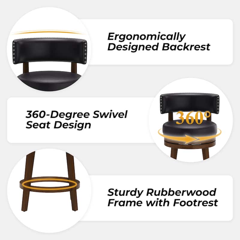 360-Degree Swivel Counter Height Bar Stool with Backrest Rubberwood Frame