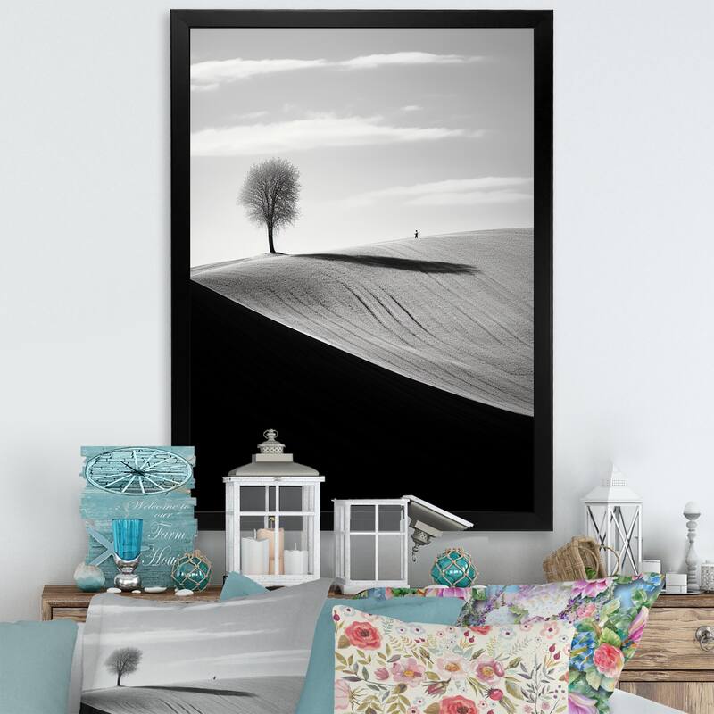 Designart "Black And White Meadow Horizon Photo I" Meadow Framed Wall Art Prints - 24 in. wide x 32 in. high - Black