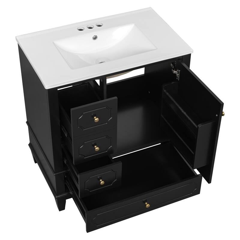 30" Bathroom with Sink,Cabinet with Basin,Wood Frame,Soft-Close Door,3 Drawers,Painted MDF & Rubber Wood,Shelves Included
