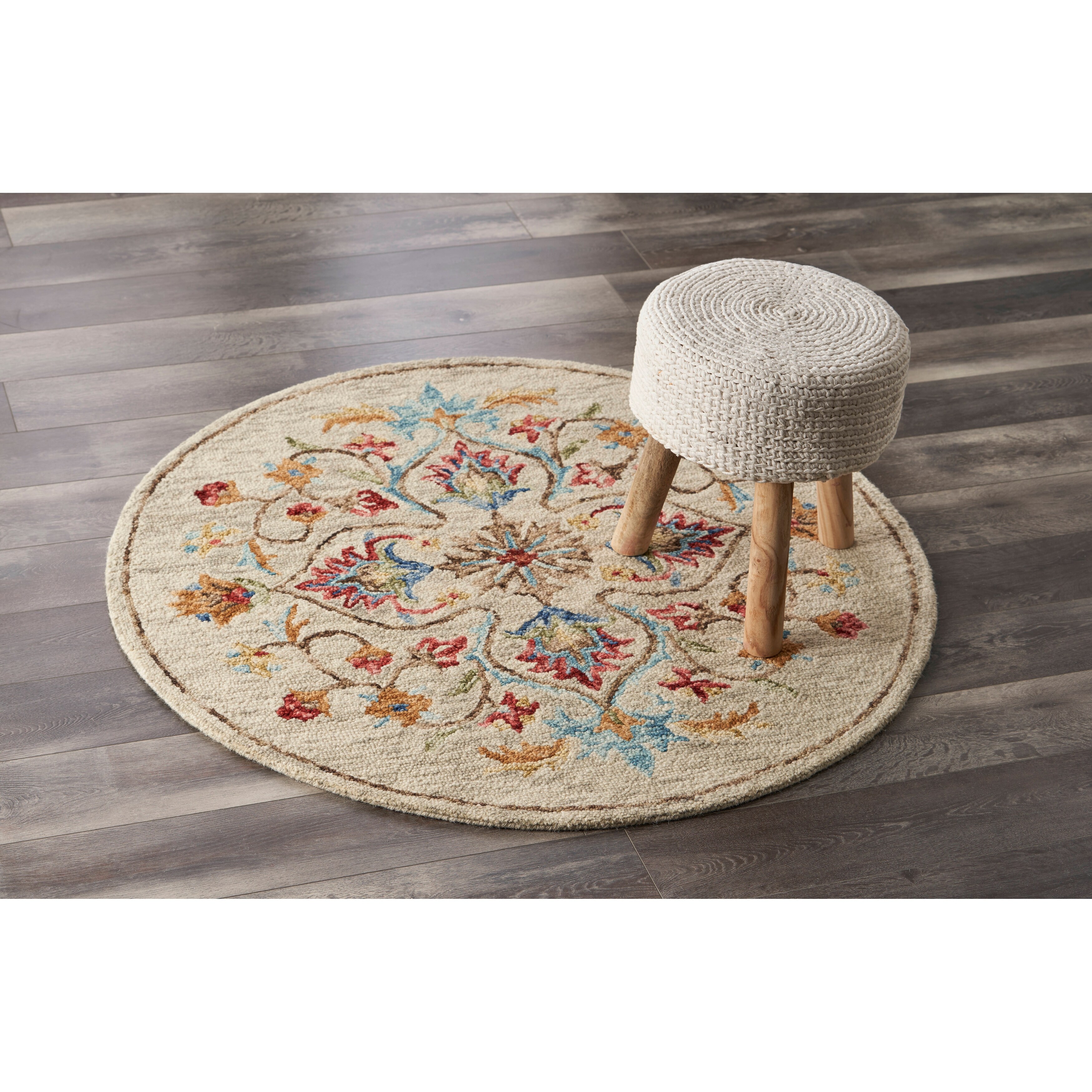 Sevita Suino Farmhouse Floral Beige Hand-Tufted Wool Round Indoor Area Rug