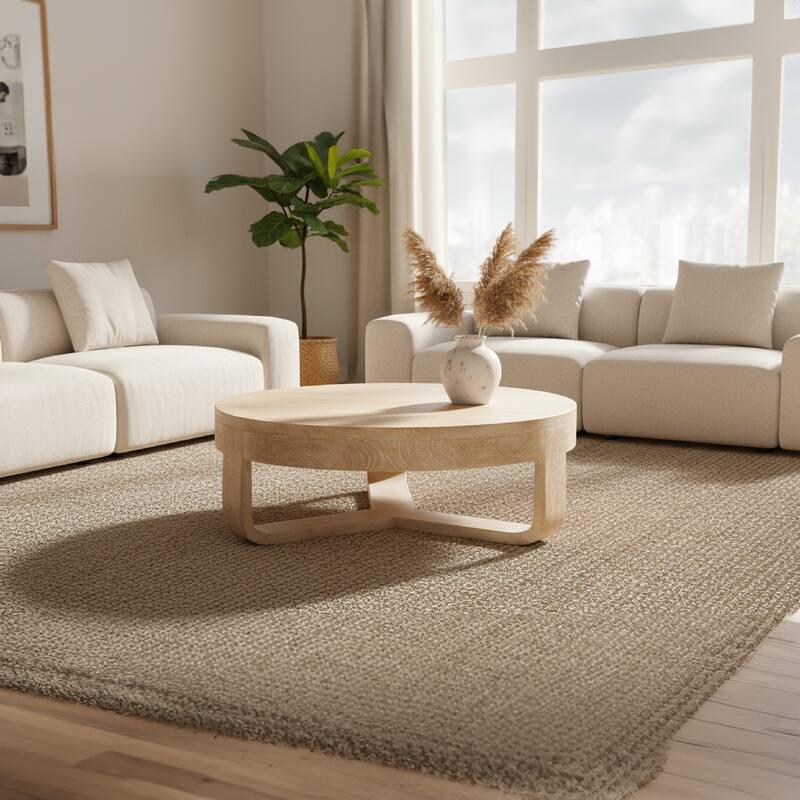 Milan Coffee Table, 32 Inch Round Top, Mango Wood with Sandblasted Natural Brown, Open Sled Base