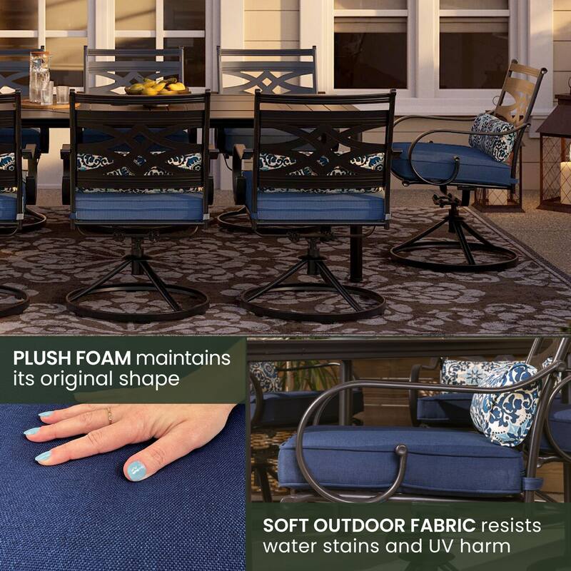 Hanover Montclair 9-Piece Dining Set in Navy Blue with 8 Swivel Rockers and a 42-In. x 84-In. Table