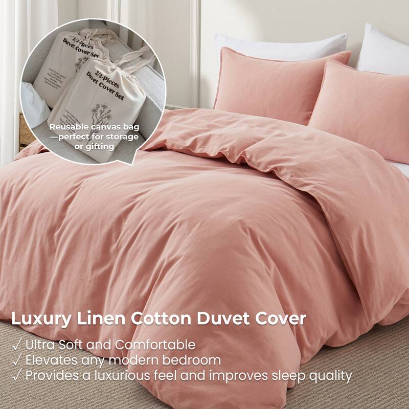Flax Linen Cotton Blend Duvet Cover Set, Durable, Breathable and Moisture-Wicking, 3 Piece Bedding Set