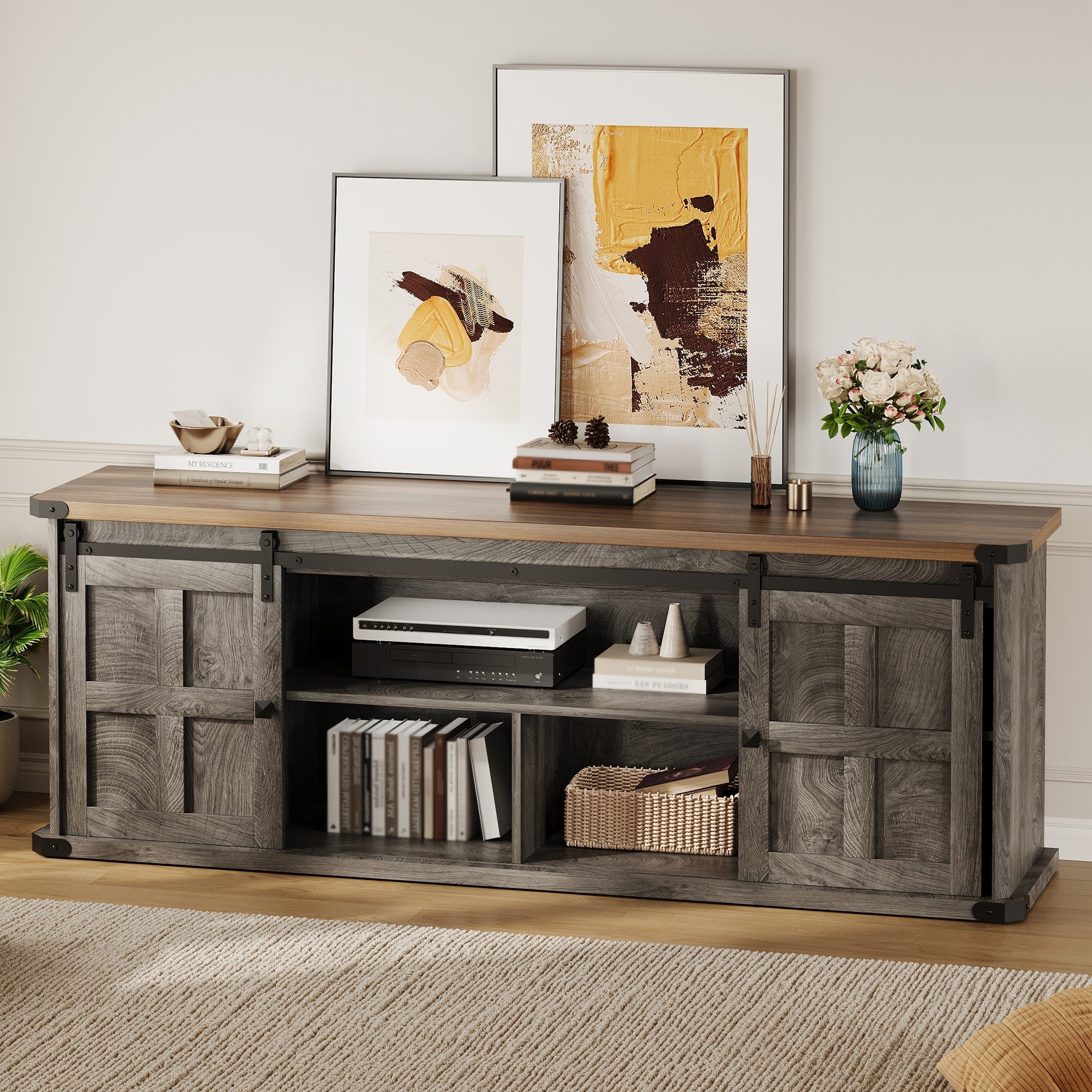 Farmhouse TV Stand for 75 Inch TV, Entertainment Center with Storage Cabinets and Sliding Barn Doors