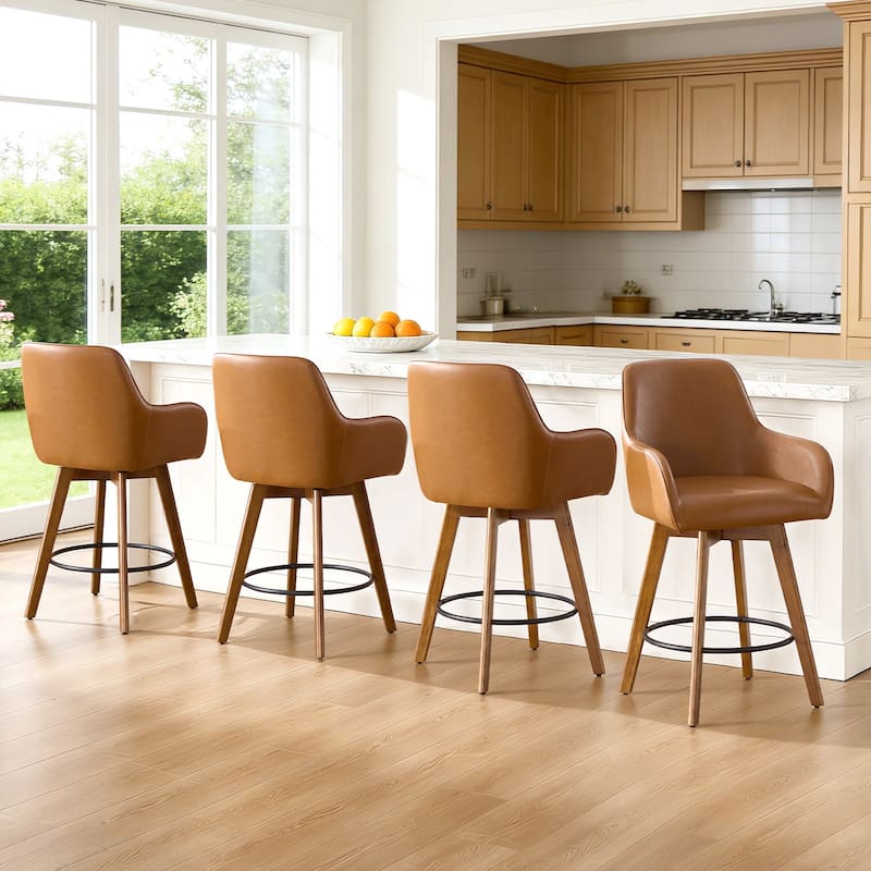 25 Inch Upholstered Swivel Counter Height Bar Stool with Armrests, Solid Wood Legs - 23.6"W x 22.4"D x 40.2"H
