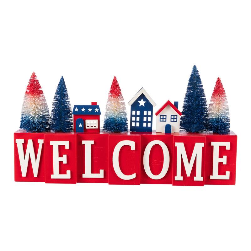 Glitzhome 14''L Patriotic/ Americana Wooden House Brush Trees Table Decor