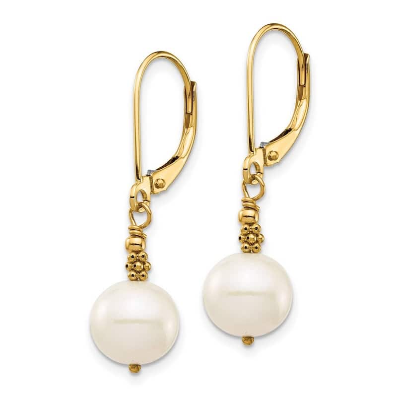 Curata 14k Yellow Gold 8-9mm Near Round White Freshwater Cultured Pearl Leverback Earrings (31x8mm)