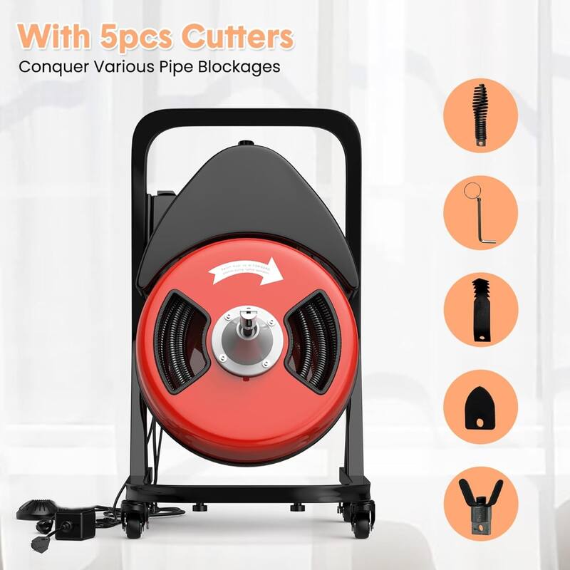 50 FT x 1/2" Electric Drain Auger Machine with Wheels for 2" to 4" Pipes