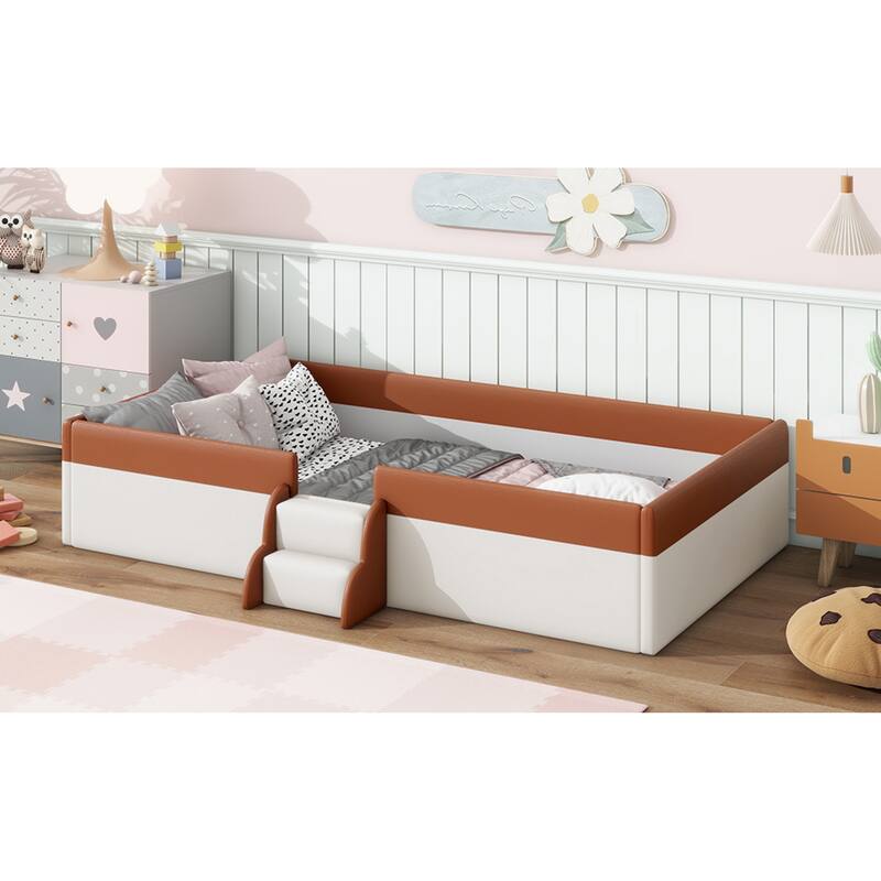 Roomfitters Twin/Full/Queen/King Size Upholstered Daybed Frame with Safety Fence and Stairs, PU Fabric Platform Bed with Slats