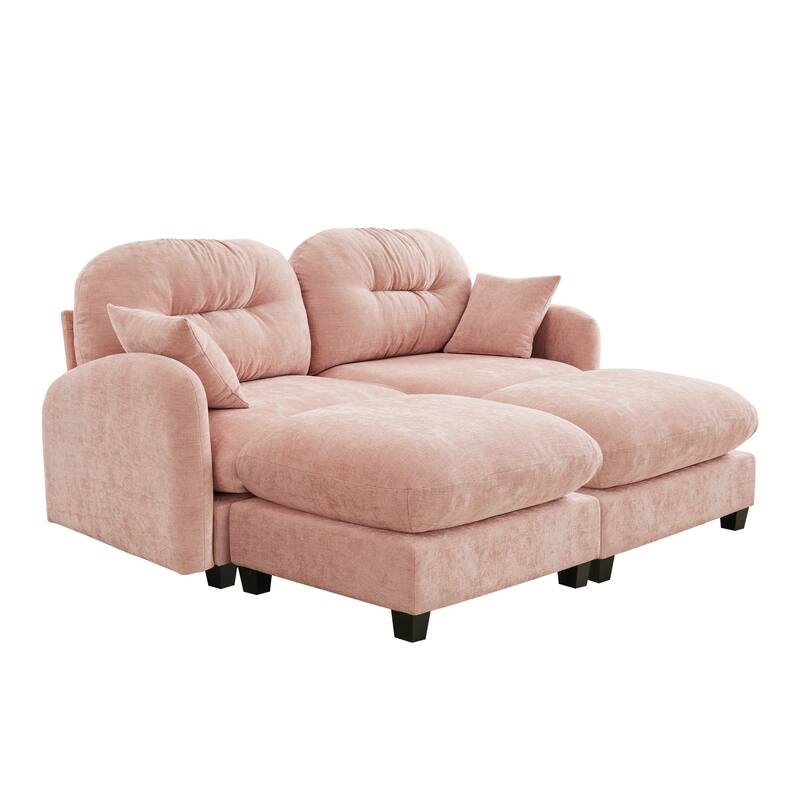 2 Seat Chenille Sofa Round Arms Sectional Sofa, Modern 74" Tufted Back Couch with Ottoman for Lving Room, Small Space