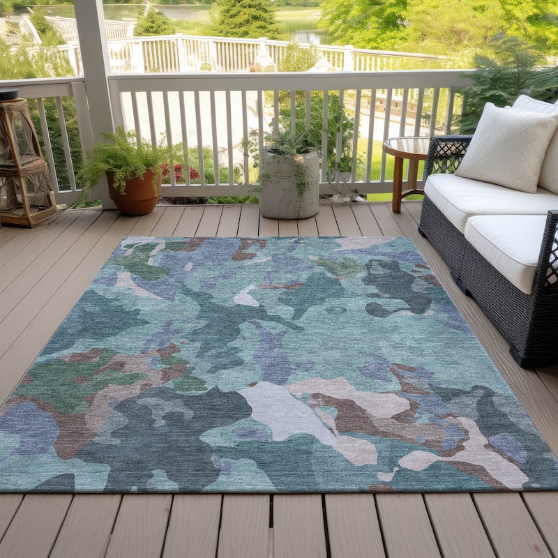 Machine Washable Indoor/Outdoor Modern Brushstrokes Chantille Rug - Teal - 8' x 10'