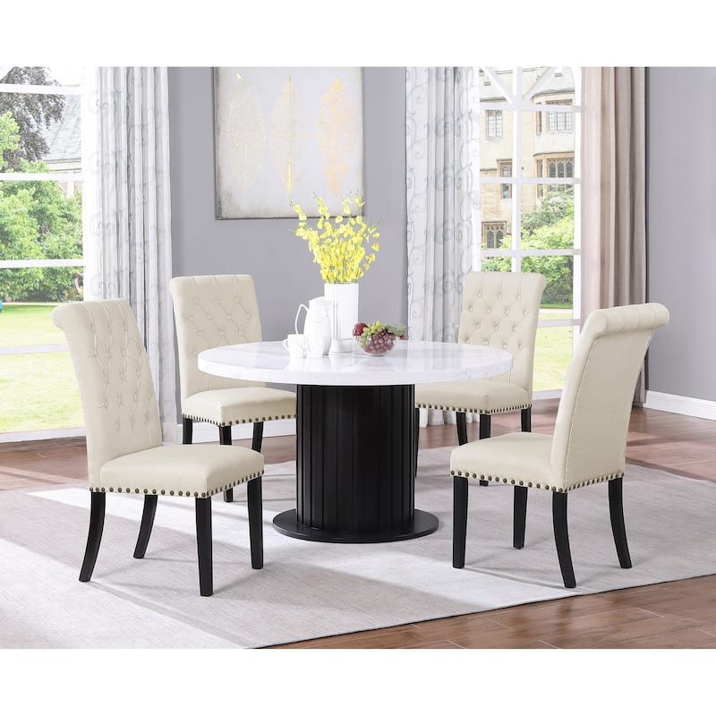 Belinda 5-piece Round Dining Set with Upholstered Chairs - Rustic Espresso, White and Beige