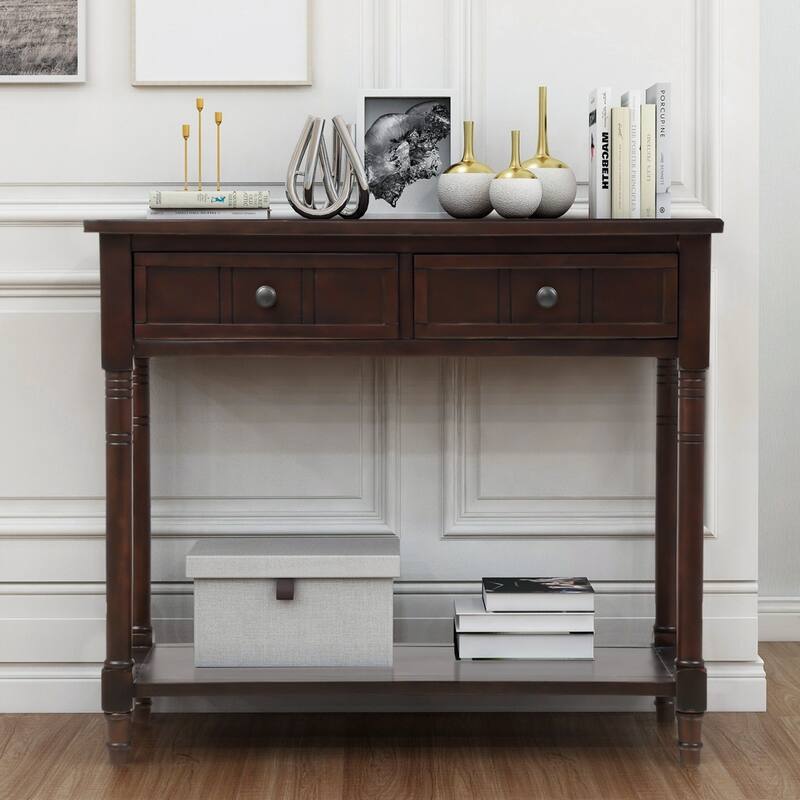 Daisy Series Farmhouse Console Table Solid Wood 2 Drawers Bottom Shelf Entryway