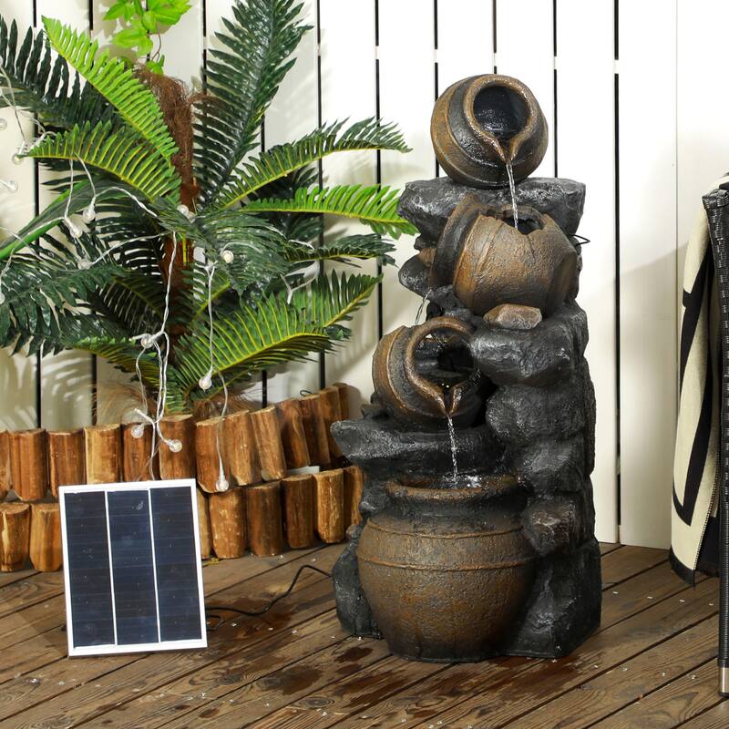 Outsunny 28.3" Tall Solar Powered Outdoor Water Fountain, 4-Tier Floor Standing Resin Cascading Jars and Stacked Stones - Resin - Floor - Brown