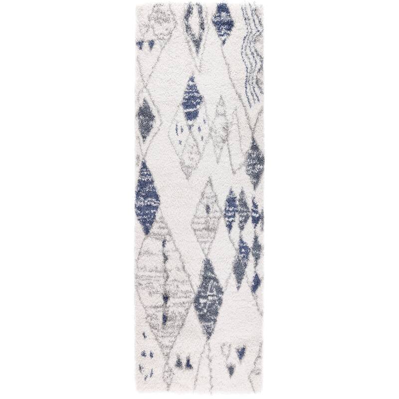 Noori Rug Lux Nolan Geometric 2-inch Thick Shag Rug - 2'2" x 6'0" - Ivory/Blue