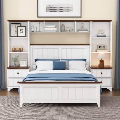 Solid Pine Wood Platform Bed with One-in-All 2 Nightstand Bookcase and Storage Shelf for Bedroom Apartment