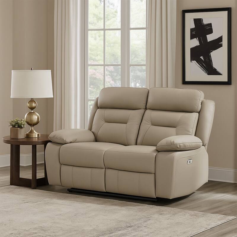 Conia Power Double Recliner Loveseat, USB, Latte Beige Leather 63 Inch