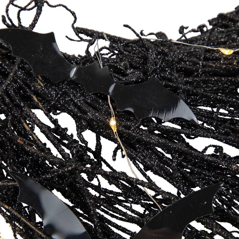 Lighted Halloween Twig Wreath with Bats - Warm White LED Lights - 22" - Black