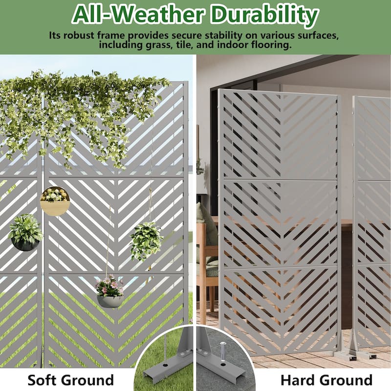 Outdoor Privacy Screen 2-Panel Chevron Metal Privacy Fence with Wind-Resistant Base Durable Decorative Divider