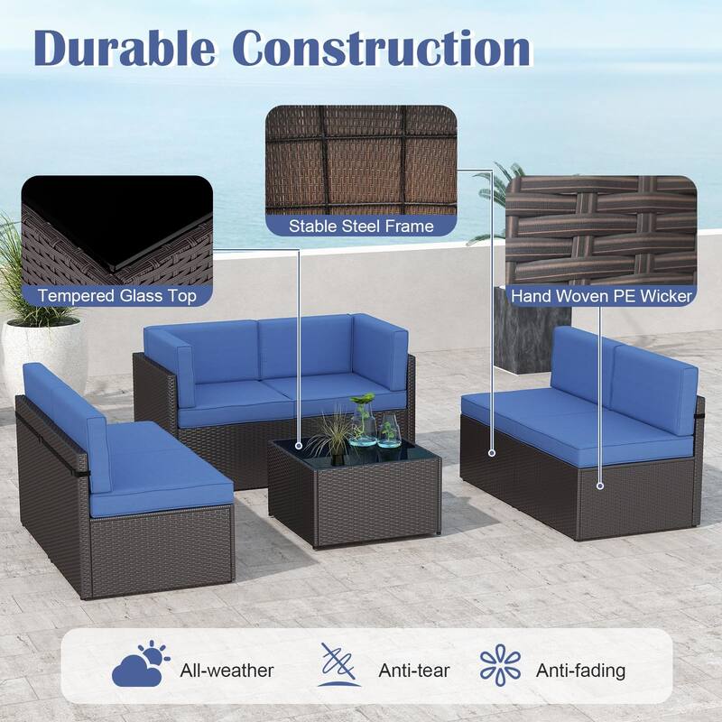 7PC Outdoor Patio Furniture Set, Wicker Patio Sectional Furniture Set with Coffee Table & Cushion for Garden, Backyard, Poolside