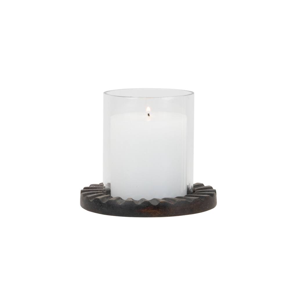 Foreside Home & Garden Carved Wood Glass Hurricane Candle Holder