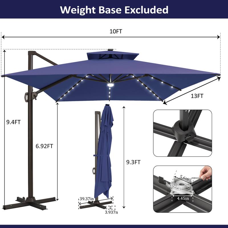 10 X 13 FT Outdoor Patio Cantilever Umbrella with Solar Lights Double Canopy 360 RotationTilt