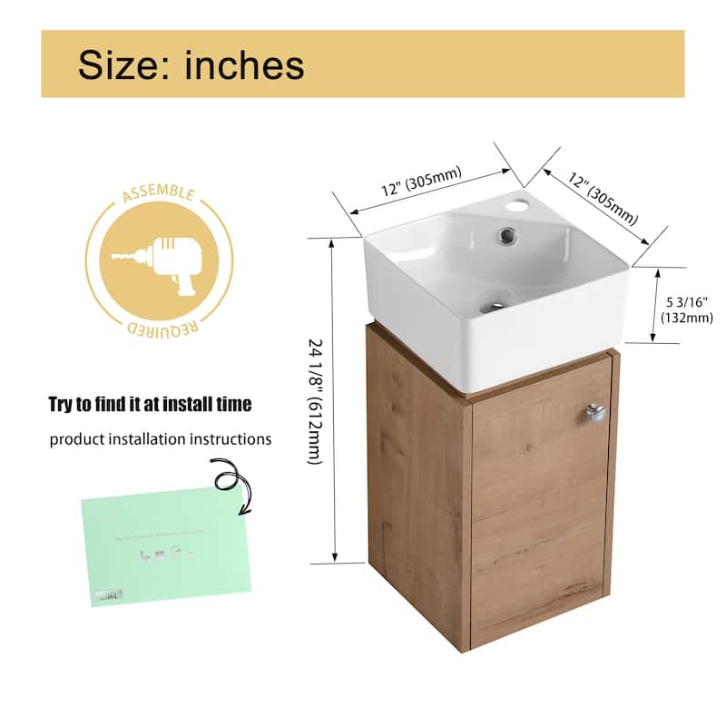 Malwee 12" Floating Bathroom Vanity, Mini Wall Mounted Bathroom Vanity with Ceramic Sink and Soft Close Door