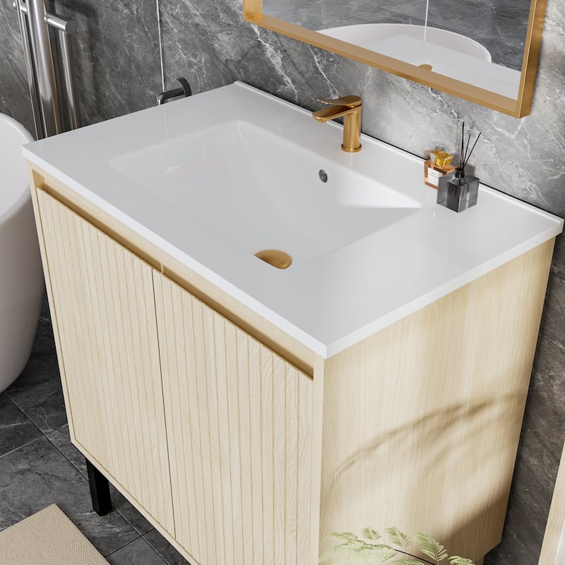 GDFStudio - Niall Modern Mid-Century Freestanding Bathroom Vanity with Soft Close Doors & Large Storage Spaces, WITHOUT Sink - 30" - Light Oak