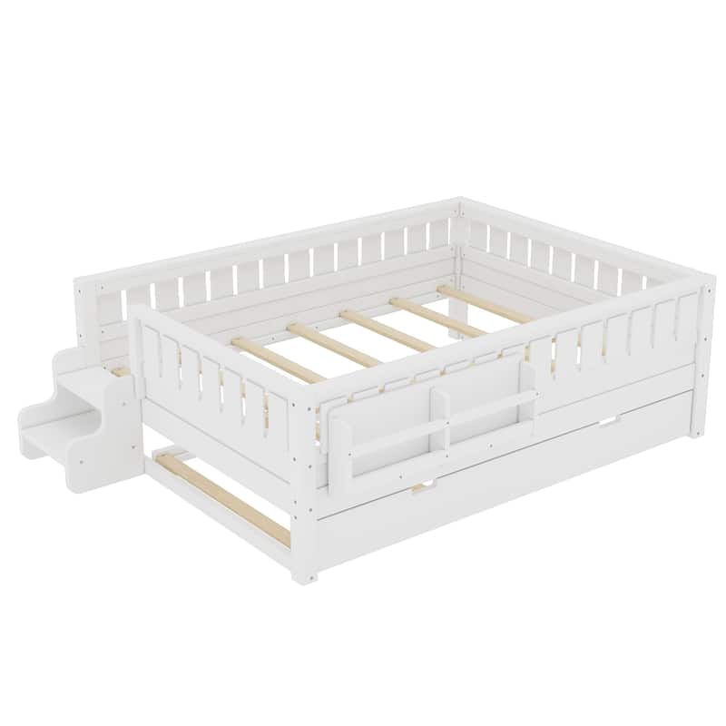 Roomfitters Floor Bed with Bookshelf and Trundle, Low Profile Frame with Step Entry