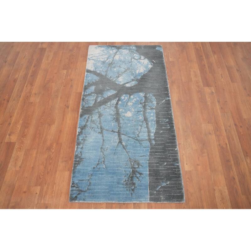 Hand Knotted Oriental Viscose Silk Carpet Modern Abstract Navy Blue & Blues Abstract Runner Rug - 4' 7'' X 2' 4''
