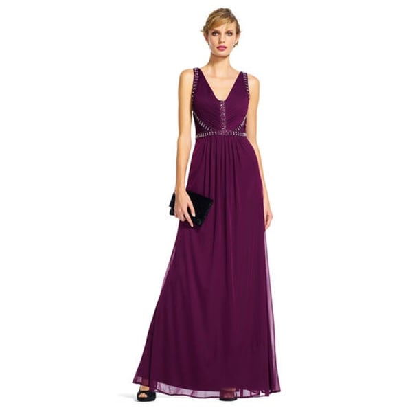 Adrianna Papell Draped Tulle Dress with Jeweled V-Neck Bodice. Opens flyout.