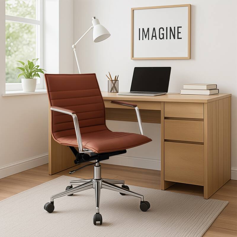 Set of 2 Modern Office Chairs | Upholstered PU Leather Ribbed Mid Back with Metal Frame | Adjustable Height, Tilt Lock