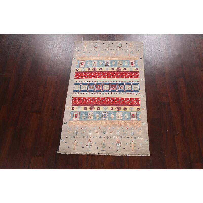 Tribal Geometric Kazak Oriental Wool Area Rug Handmade Foyer Carpet - 3'2" x 4'10"