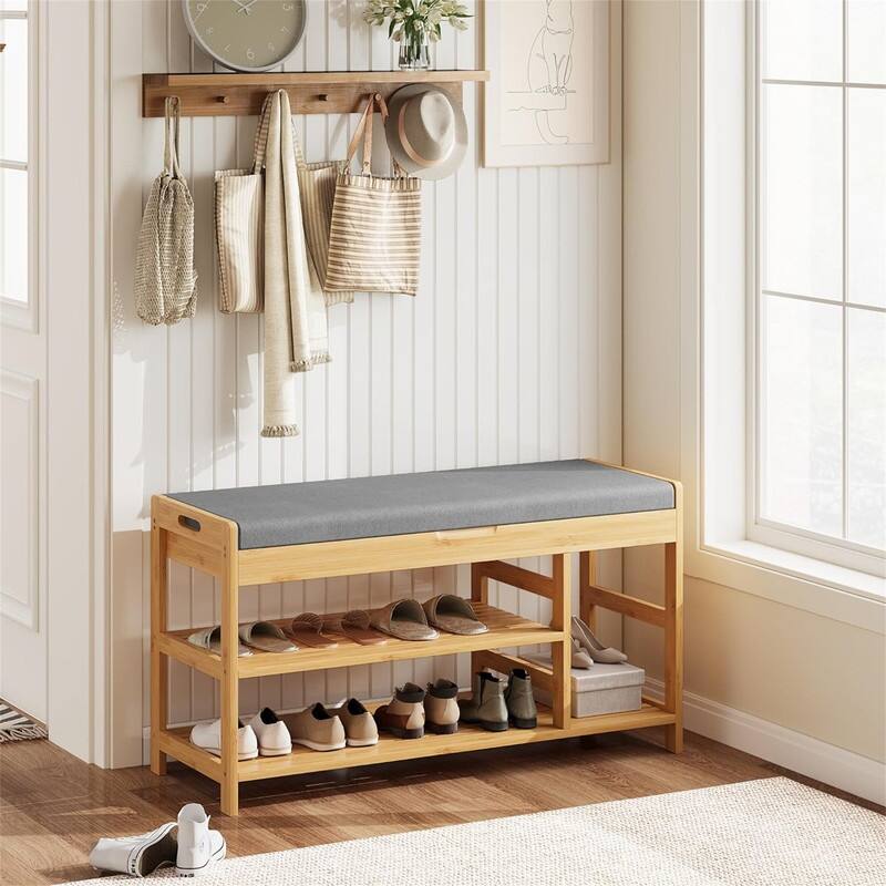 Bamboo Shoe Bench, Shoe Storage Bench with Cushion - 11.4"D x 36"W x 19.7"H