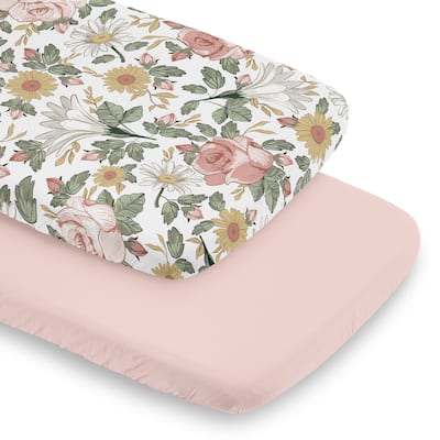 Sweet Jojo Designs Vintage Floral Boho Girl 2 Pack Baby Bassinet Fitted Sheets Pink Yellow Bohemian Shabby Chic Farmhouse Green