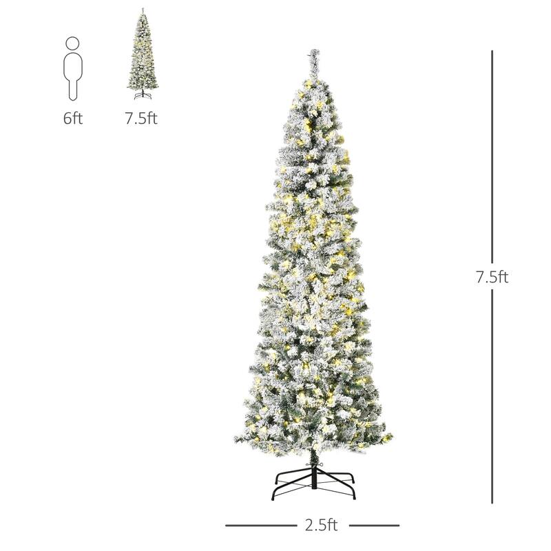 HOMCOM 6FT/7FT/9FT Slim Flocked Christmas Tree with Lights, Skinny Christmas Tree with Stand