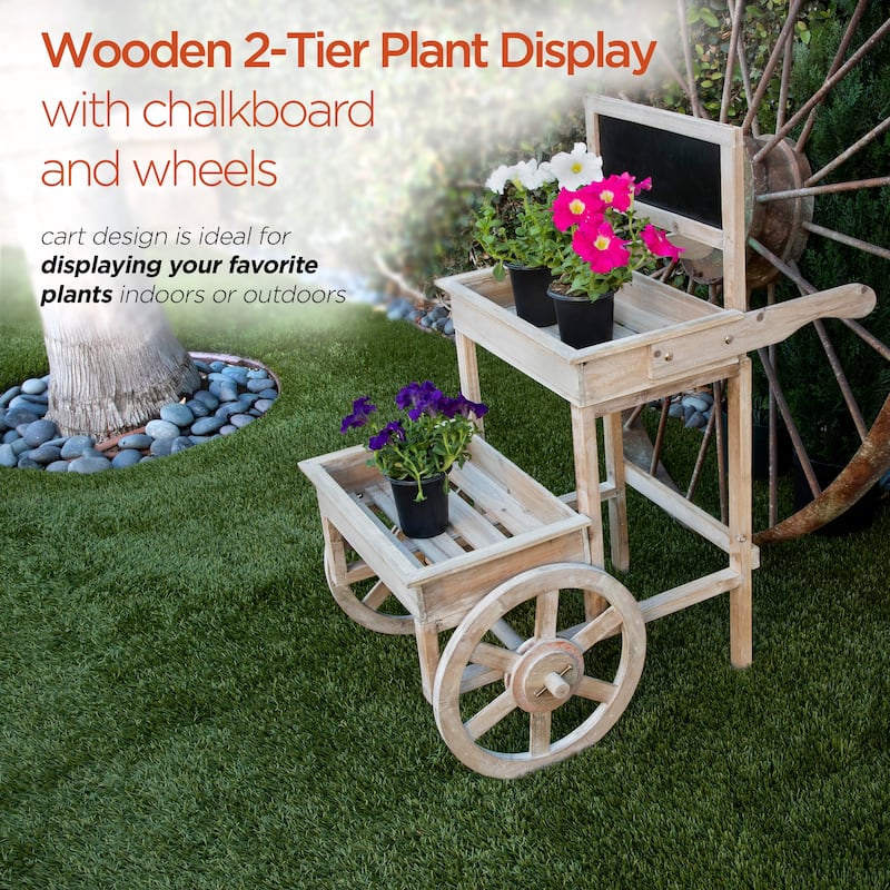 Alpine Corporation 34" Tall Indoor/Outdoor Wooden 2-Tier Plant Display Stand with Chalkboard and Wheels