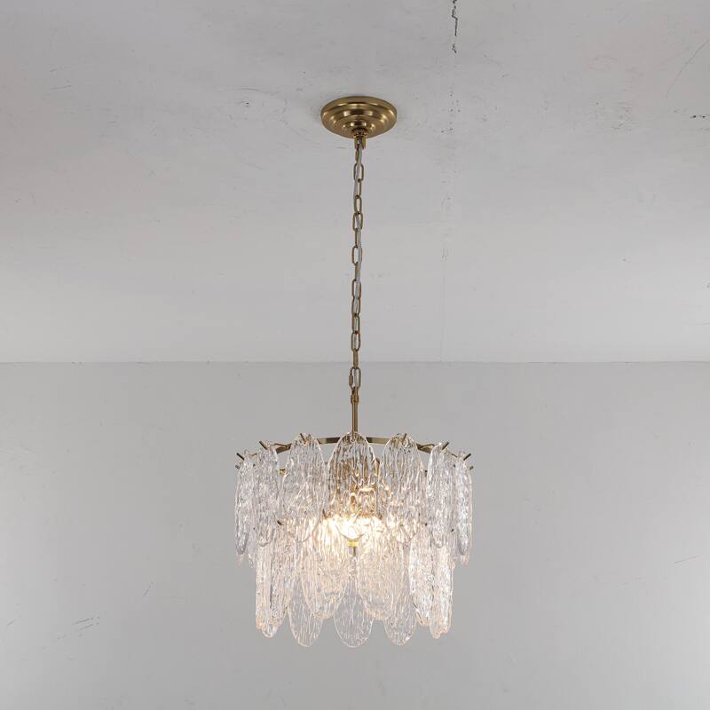 15.7" 2-Light Modern Luxury Gold Handmade Clear Textured Leaf-Shaped Glass Tiered Chandelier for Living Room, Dining Room