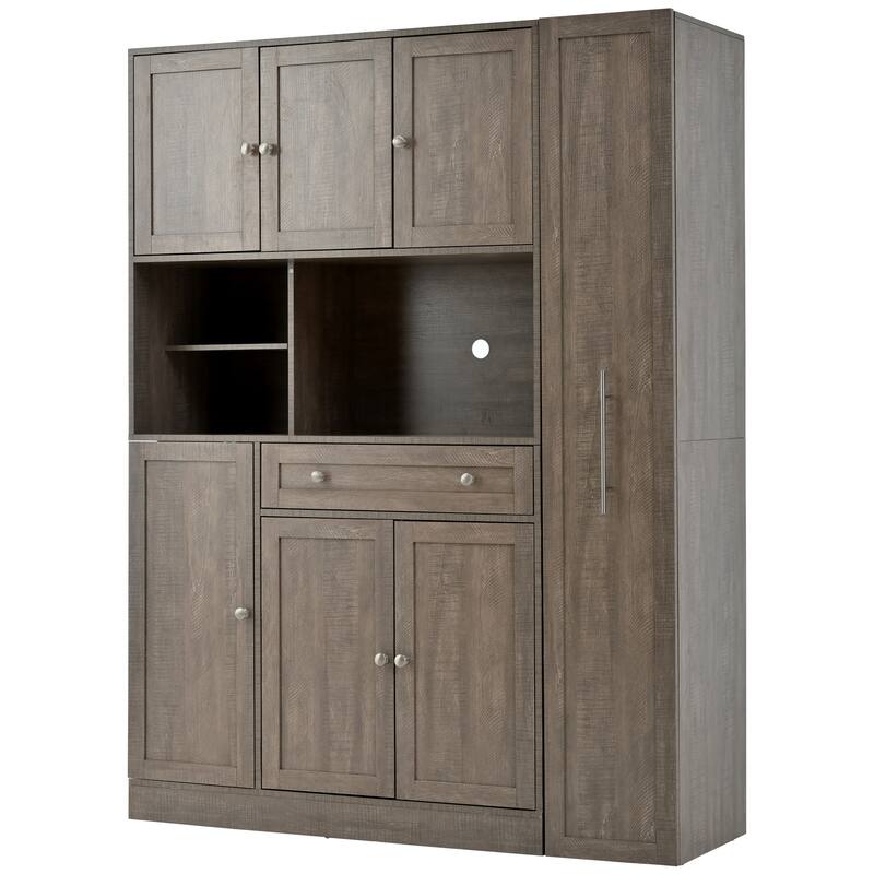 Roomfitters Large Kitchen Pantry Cabinet with Pull-Out Side Storage and Hutch, Shaker Style Buffet