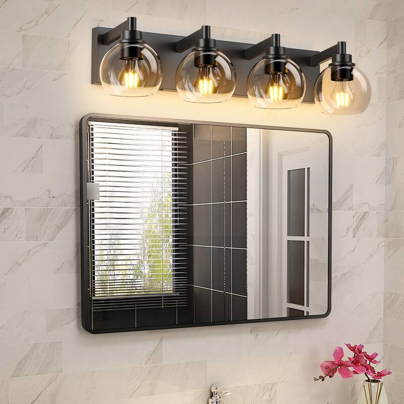 Bathroom Vanity Light with Clear Globe Glass Shades, Modern Black Wall Sconce Over Mirror, Vanity Lighting for Bath