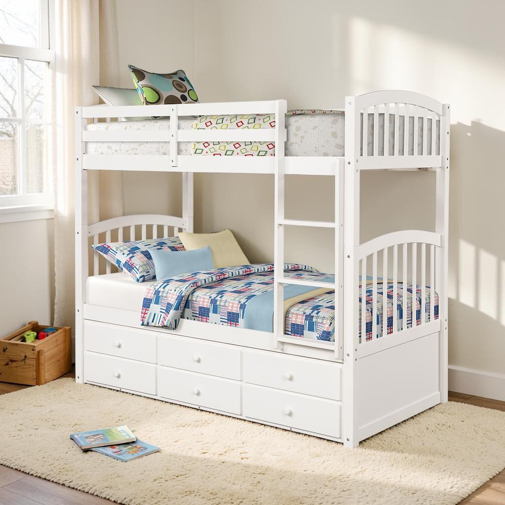 Twin Over Twin Bunk Bed with Trundle and 3 Drawers, Wooden Bunk Bed with Ladder and Safety Rails, Space Saving