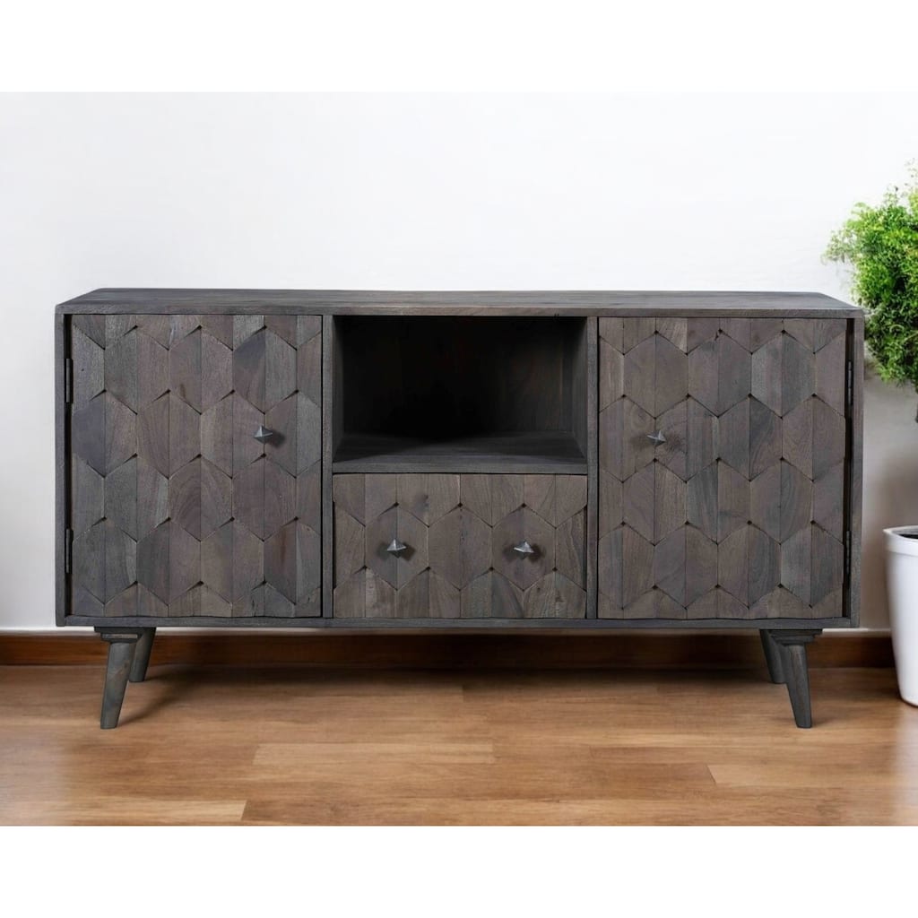 HomeRoots 55" Dark Gray Carved Geometric Distressed Solid Wood Enclosed and Open Storage TV Stand - 55' X '30' X '16