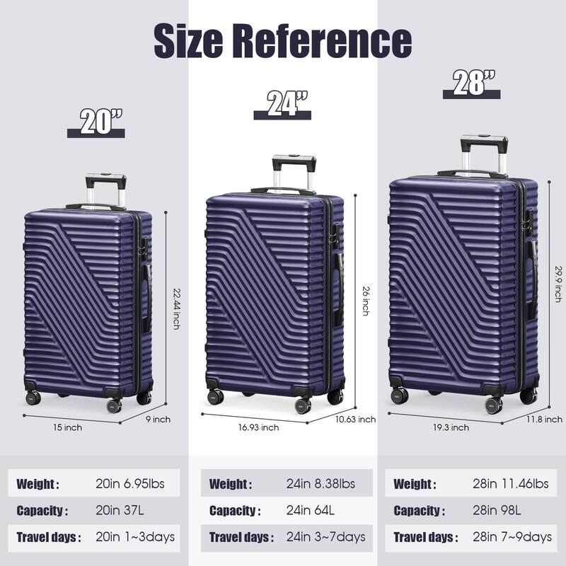 SUGIFT 3 Piece Luggage Sets Hard Shell Luggage Sets with Spinner Wheels TSA Lock, 20in/24in/28in, Dark Blue