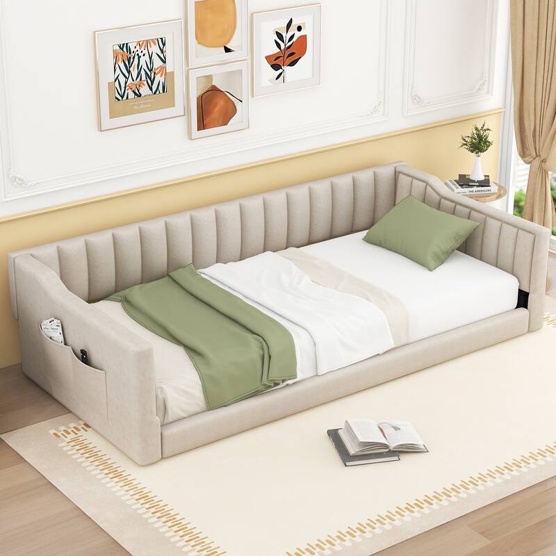 Upholstered Daybed with Sloped Arms and Side Pocket, Vertical Stripes Grounded Daybed with Wood Slat Support, Velvet Fabric