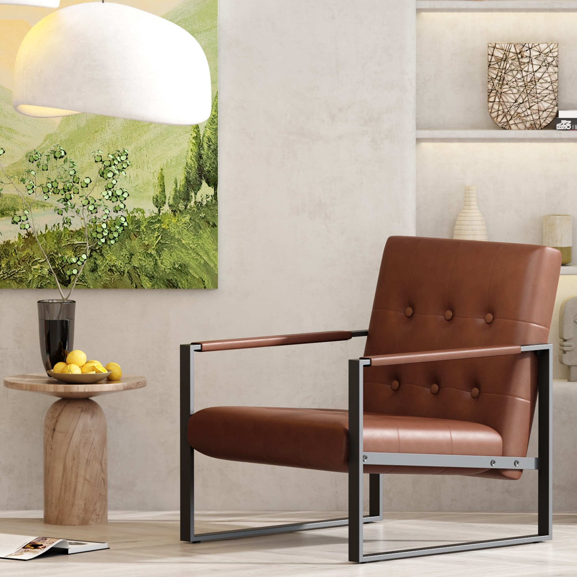 Mid Century Style Faux Leather Accent Chair Armchair with Steel Frame Modern Single Sofa Chair for Living Room Bedroom Office