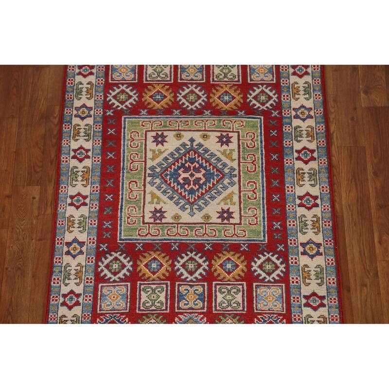 Red Traditional Geometric Kazak Oriental Wool Runner Rug Hand-knotted - 2'9" x 9'9"