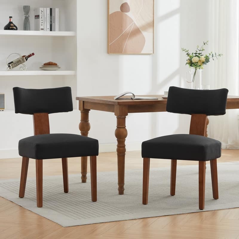Set of 2 Linen Fabric Modern Armless Dining Chairs With Curved backrest and Solid Wooden Legs for Dining Room Living Room