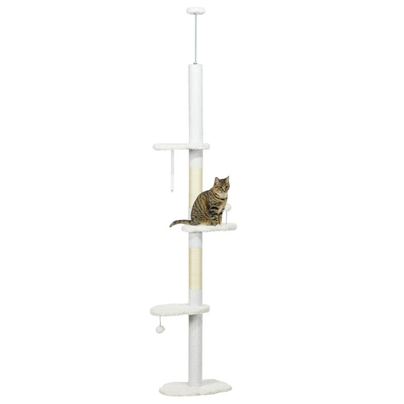 Floor to Ceiling Cat Tree with Scratching Posts, 88.5"-100.5" Adjustable Height, Cat Climbing Tower with Cloud Shape Platforms - White
